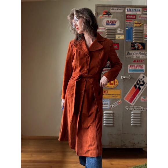 Vintage 70s Suede Trench Coat | Rust Orange Belted Maxi Jacket | Size M - Picture 7 of 13